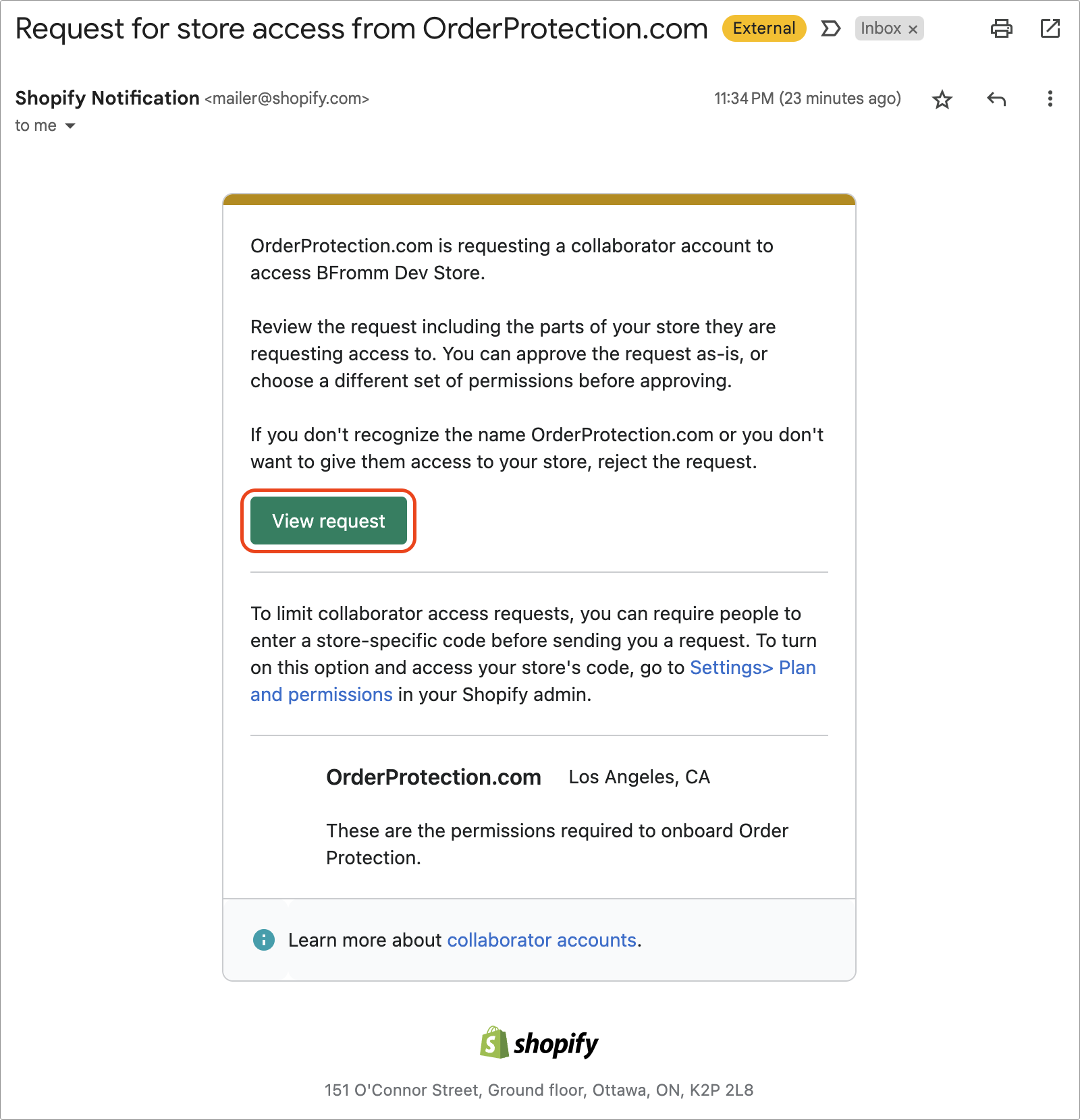 Shopify access request email